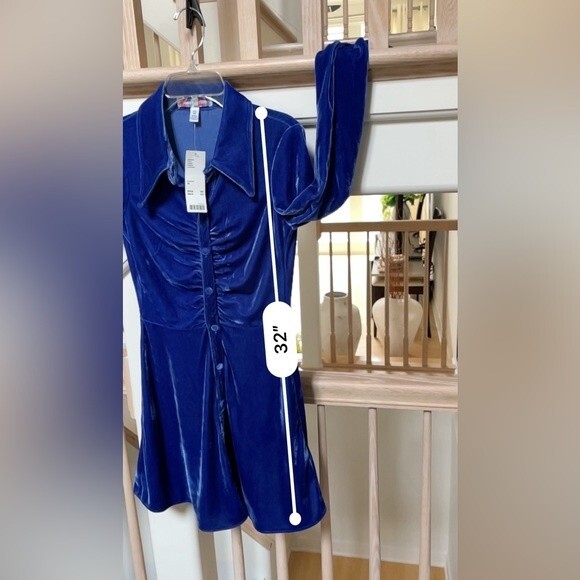 Urban Outfitters Uo Nellie Ruched Velvet Shirt Dress in Blue XS NWT - Picture 10 of 13